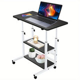 Escritorio Plegable Ergonómico Ajustable en Altura con Ruedas y Estante de Almacenamiento - Marco Blanco, Superficie Negra, Diseño Compacto para Dormitorio, Sala de Estar o Uso de Oficina al Aire Libre