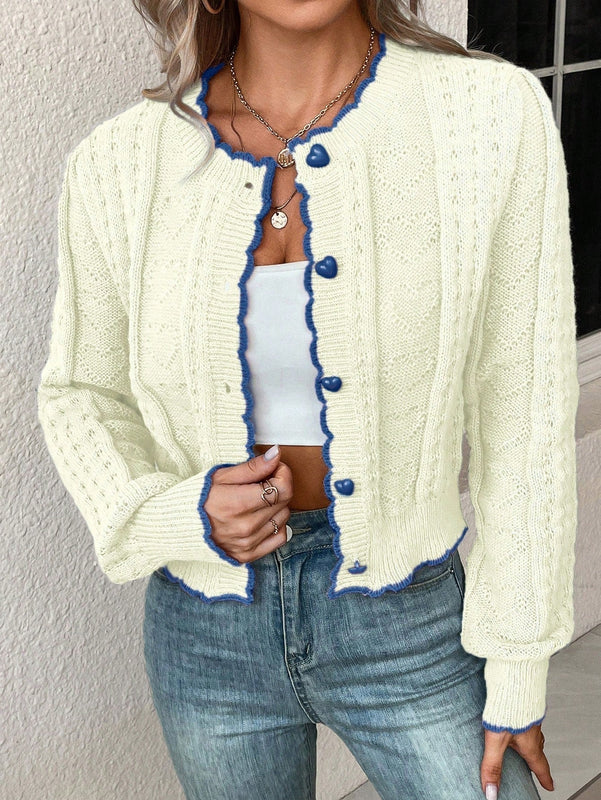 Franclia cardigan casual de mujer con borde de concha de color contrastante, para otono
