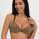 Sujetador para mujer con cierre frontal comodo, espalda de tirantes y efecto de elevacion y soporte, con estampado de leopardo
