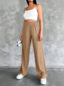 Tall pantalones rectos de talla alta con cintura elastica solida