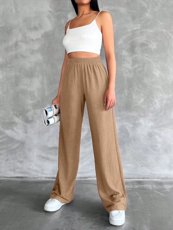 Tall pantalones rectos de talla alta con cintura elastica solida