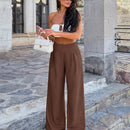 Pantalones anchos de lino solido para mujer