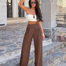 Pantalones casuales anchos de pierna ancha con cintura alta y pliegues para mujeres