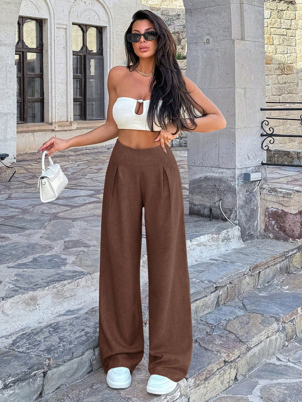 Pantalones anchos de lino solido para mujer