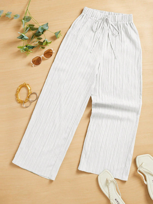 Essnce pantalones casuales de pernera ancha de 7/8 con textura y cintura anudada de unicolor para mujer