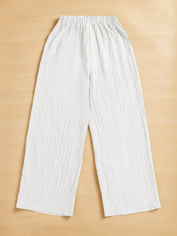 Essnce pantalones casuales de pernera ancha de 7/8 con textura y cintura anudada de unicolor para mujer