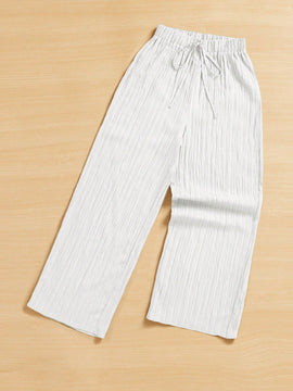 Essnce pantalones casuales de pernera ancha de 7/8 con textura y cintura anudada de unicolor para mujer
