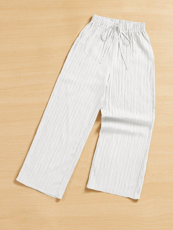 Essnce pantalones casuales de pernera ancha de 7/8 con textura y cintura anudada de unicolor para mujer
