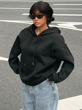 Ezwear sudadera holgada informal con estampado de arana minimalista, color negro, para mujer, con forro polar grueso, apta para otono/invierno
