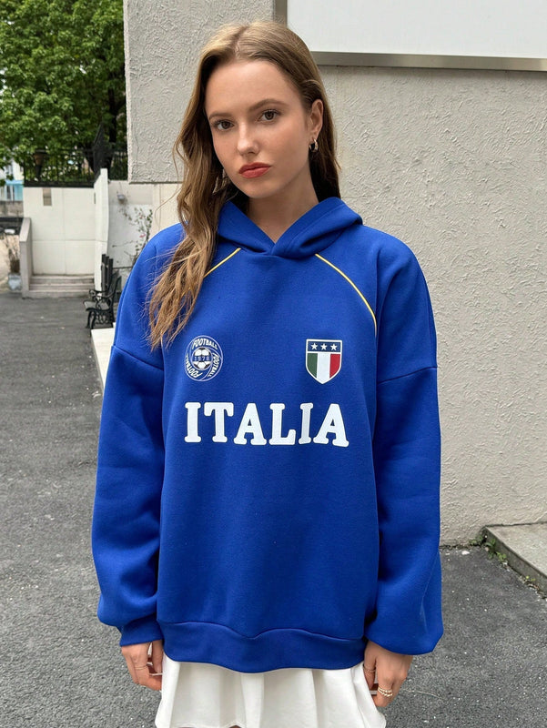 Ezwear sudadera holgada con capucha de estilo deportivo minimalista casual con patron de letra de mexico, para mujer, otono/invierno