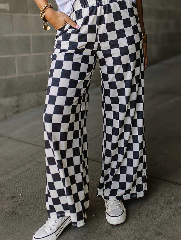 Pantalones anchos de tiro alto con bolsillos y estampado de cuadros para mujer