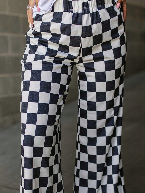 Pantalones anchos de tiro alto con bolsillos y estampado de cuadros para mujer
