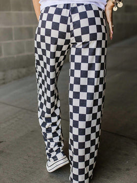 Pantalones anchos de tiro alto con bolsillos y estampado de cuadros para mujer