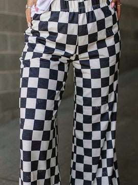 Pantalones anchos de tiro alto con bolsillos y estampado de cuadros para mujer