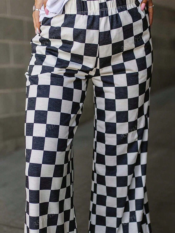 Pantalones anchos de tiro alto con bolsillos y estampado de cuadros para mujer