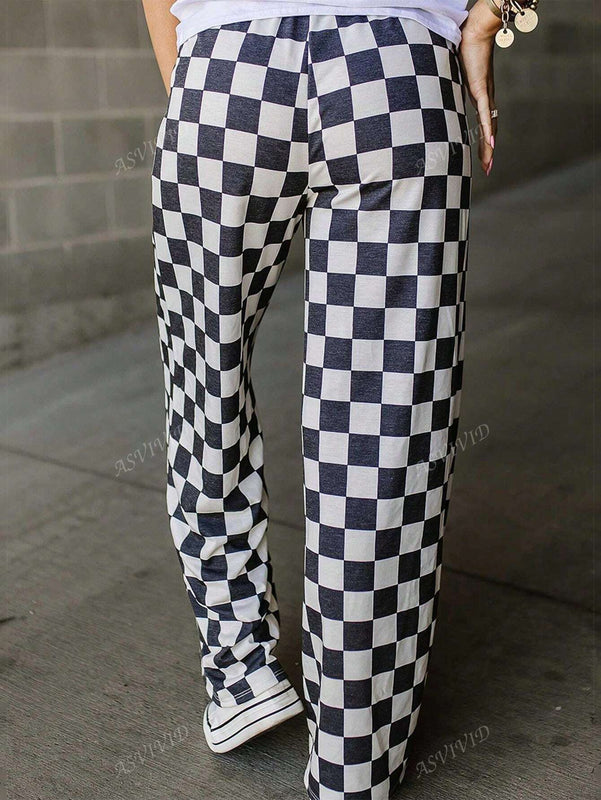 Pantalones anchos de tiro alto con bolsillos y estampado de cuadros para mujer