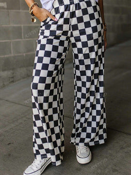 Pantalones anchos de tiro alto con bolsillos y estampado de cuadros para mujer
