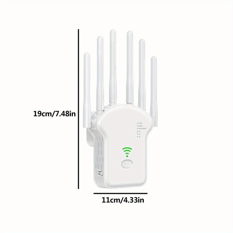 Amplificador de WiFi OEKE 1200Mbps Doble Banda 2.4&5GHz, 6 Antenas Cobertura 360°, 4 Modos, Puerto Ethernet, Configuración con un Clic, Extiende hasta 3000 Pies Cuadrados para 35 Dispositivos, Refuerzo de Señal Wifi, Diseño Moderno, Dispositivo de Conect