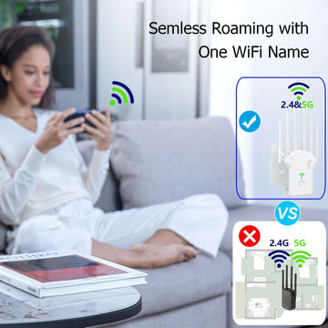 Amplificador de WiFi OEKE 1200Mbps Doble Banda 2.4&5GHz, 6 Antenas Cobertura 360°, 4 Modos, Puerto Ethernet, Configuración con un Clic, Extiende hasta 3000 Pies Cuadrados para 35 Dispositivos, Refuerzo de Señal Wifi, Diseño Moderno, Dispositivo de Conect