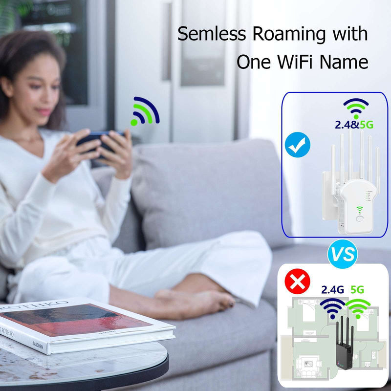 Amplificador de WiFi OEKE 1200Mbps Doble Banda 2.4&5GHz, 6 Antenas Cobertura 360°, 4 Modos, Puerto Ethernet, Configuración con un Clic, Extiende hasta 3000 Pies Cuadrados para 35 Dispositivos, Refuerzo de Señal Wifi, Diseño Moderno, Dispositivo de Conect