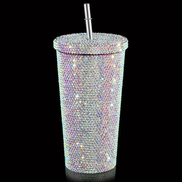Taza de acero inoxidable aislada con piedras de imitación elegantes con caña - Diseño de doble capa, adornos de cristal vibrantes, perfecta para café o té, artículo de regalo, taza de café | Taza elegante | Vajilla de bebida duradera, taza de café