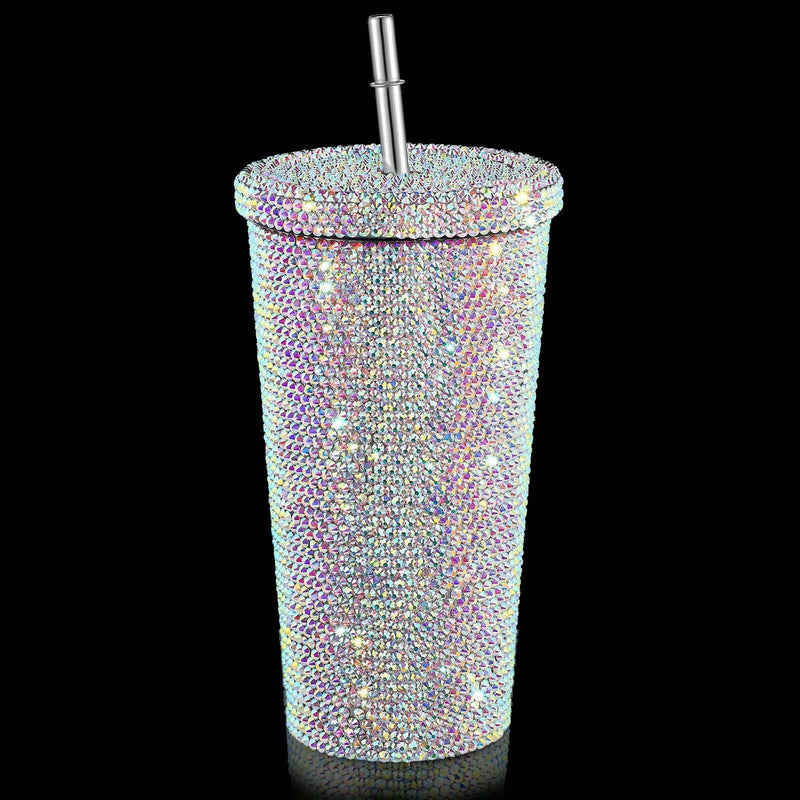 Taza de acero inoxidable aislada con piedras de imitación elegantes con caña - Diseño de doble capa, adornos de cristal vibrantes, perfecta para café o té, artículo de regalo, taza de café | Taza elegante | Vajilla de bebida duradera, taza de café