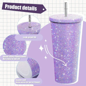 Taza de acero inoxidable aislada con piedras de imitación elegantes con caña - Diseño de doble capa, adornos de cristal vibrantes, perfecta para café o té, artículo de regalo, taza de café | Taza elegante | Vajilla de bebida duradera, taza de café