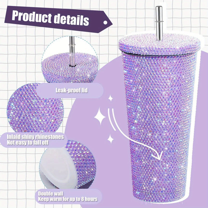 Taza de acero inoxidable aislada con piedras de imitación elegantes con caña - Diseño de doble capa, adornos de cristal vibrantes, perfecta para café o té, artículo de regalo, taza de café | Taza elegante | Vajilla de bebida duradera, taza de café