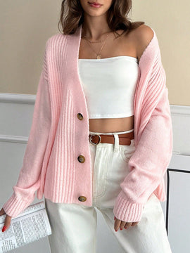 Cardigan casual y lindo de punto de canale con detalles de 3 botones, elaborado con hilo de lana suave