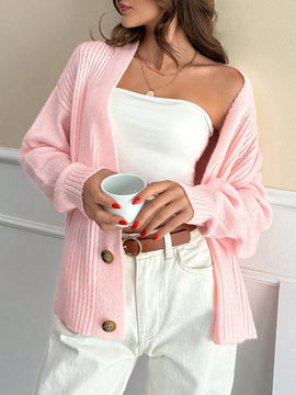 Cardigan casual y lindo de punto de canale con detalles de 3 botones, elaborado con hilo de lana suave