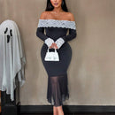 Sxy vestido ajustado con contraste de encaje, hombros descubiertos, mangas farol y bajo de cola de pez de malla para mujeres