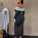 Sxy vestido ajustado con contraste de encaje, hombros descubiertos, mangas farol y bajo de cola de pez de malla para mujeres
