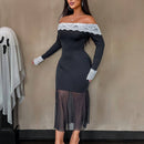 Sxy vestido ajustado con contraste de encaje, hombros descubiertos, mangas farol y bajo de cola de pez de malla para mujeres