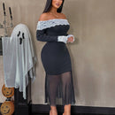 Sxy vestido ajustado con contraste de encaje, hombros descubiertos, mangas farol y bajo de cola de pez de malla para mujeres