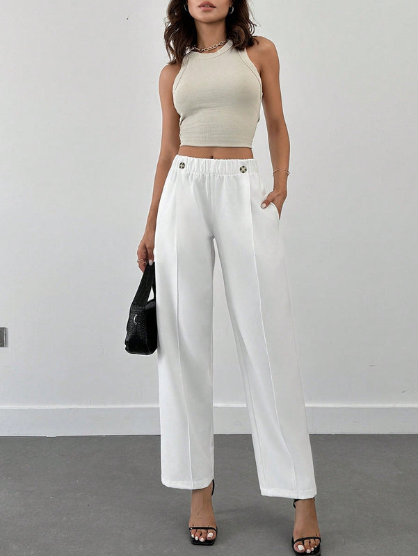 Pantalones para mujer con detalles de costuras, cintura elastica