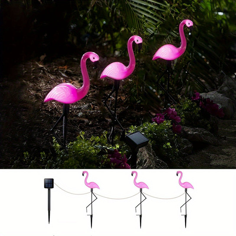 Juego de 3 luces solares con forma de flamenco, decoración para jardín, luces solares para exteriores, estacas decorativas para césped, estanque o patio trasero