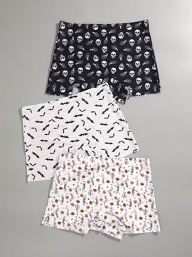 Finetoo conjunto de 3 piezas pantis con estilo gotico, sexy y lindo para mujer, con contraste de color hipster. ropa interior tipo short sin costuras con estampado completo de calaveras y murcielagos de halloween