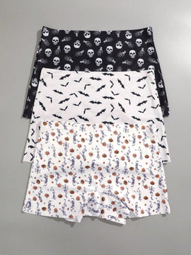 Finetoo conjunto de 3 piezas pantis con estilo gotico, sexy y lindo para mujer, con contraste de color hipster. ropa interior tipo short sin costuras con estampado completo de calaveras y murcielagos de halloween