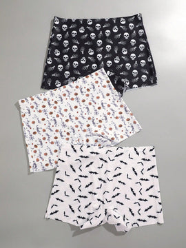 Finetoo conjunto de 3 piezas pantis con estilo gotico, sexy y lindo para mujer, con contraste de color hipster. ropa interior tipo short sin costuras con estampado completo de calaveras y murcielagos de halloween