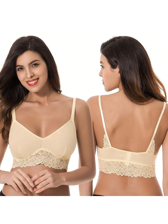 Curve muse bralette sin relleno con escote profundo y encaje floral, paquete de 2, tallas grandes
