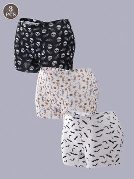 Finetoo conjunto de 3 piezas pantis con estilo gotico, sexy y lindo para mujer, con contraste de color hipster. ropa interior tipo short sin costuras con estampado completo de calaveras y murcielagos de halloween