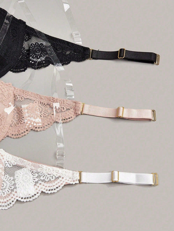 Conjunto de 3 piezas sujetador con aros de encaje para mujeres