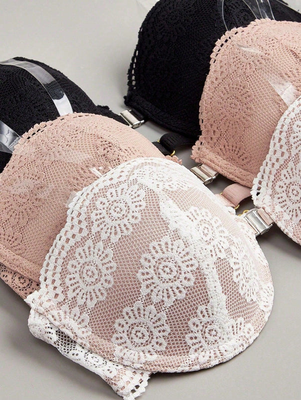 Conjunto de 3 piezas sujetador con aros de encaje para mujeres