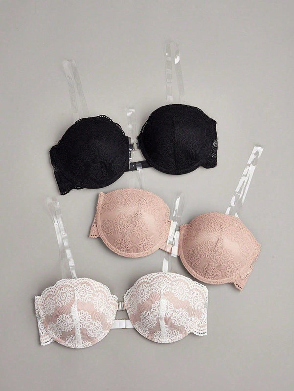 Conjunto de 3 piezas sujetador con aros de encaje para mujeres