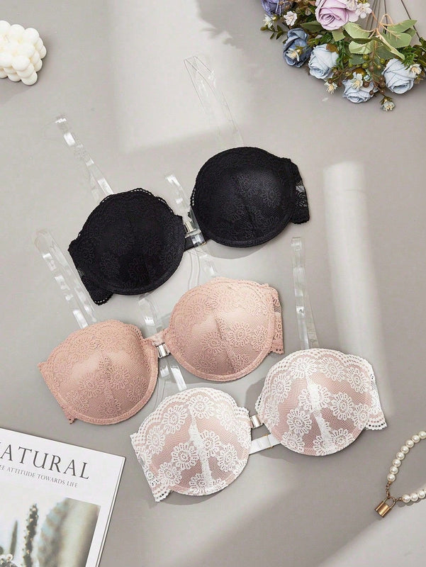Conjunto de 3 piezas sujetador con aros de encaje para mujeres