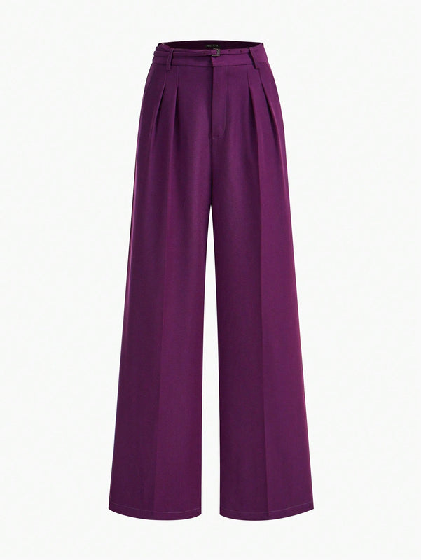 Motf premium pantalones de pierna ancha con pliegues plegados, bolsillos inclinados, cinturon