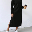 Relaxiva vestido sudadera casual de felpa con capucha, manga larga, bajo con abertura, cordon ajustable, estampado de lema para mujer, otono/invierno