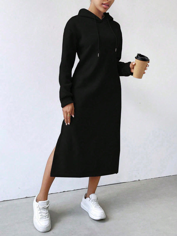 Relaxiva sudadera con capucha larga forrada de forro polar con estampado de eslogan casual, otono/invierno