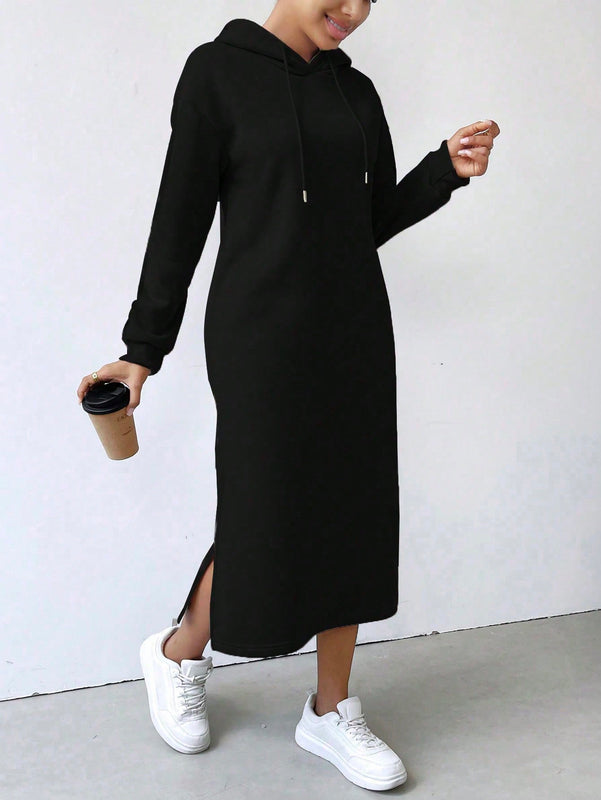 Relaxiva vestido sudadera casual de felpa con capucha, manga larga, bajo con abertura, cordon ajustable, estampado de lema para mujer, otono/invierno