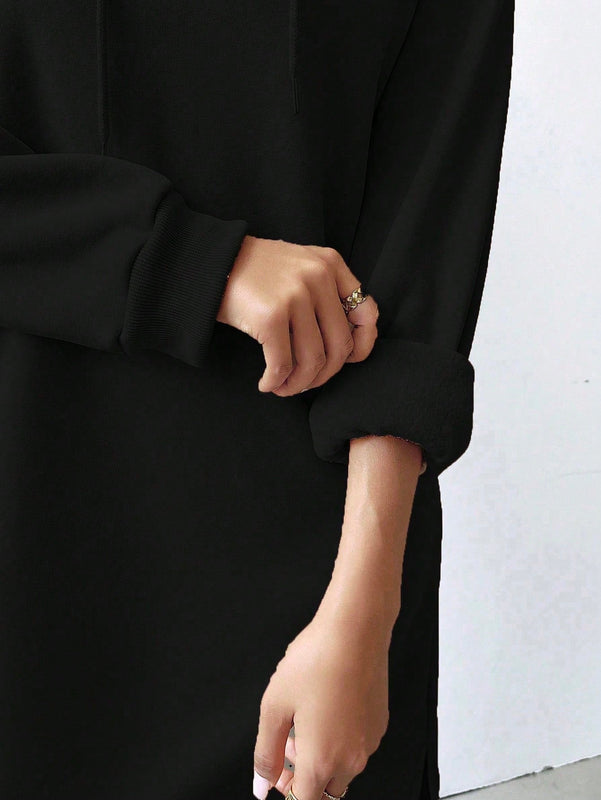 Lune vestido con capucha de manga larga, bolsillo y unicolor minimalista para mujer